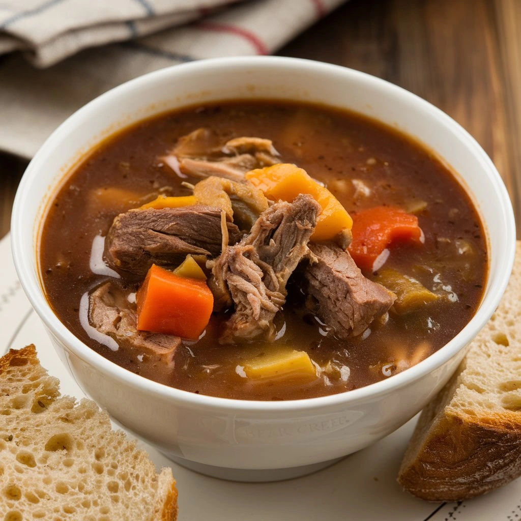 A warm bowl of Bear Creek soup filled with chunks of tender beef, carrots, and vegetables in a rich, savory broth, served with slices of crusty bread.