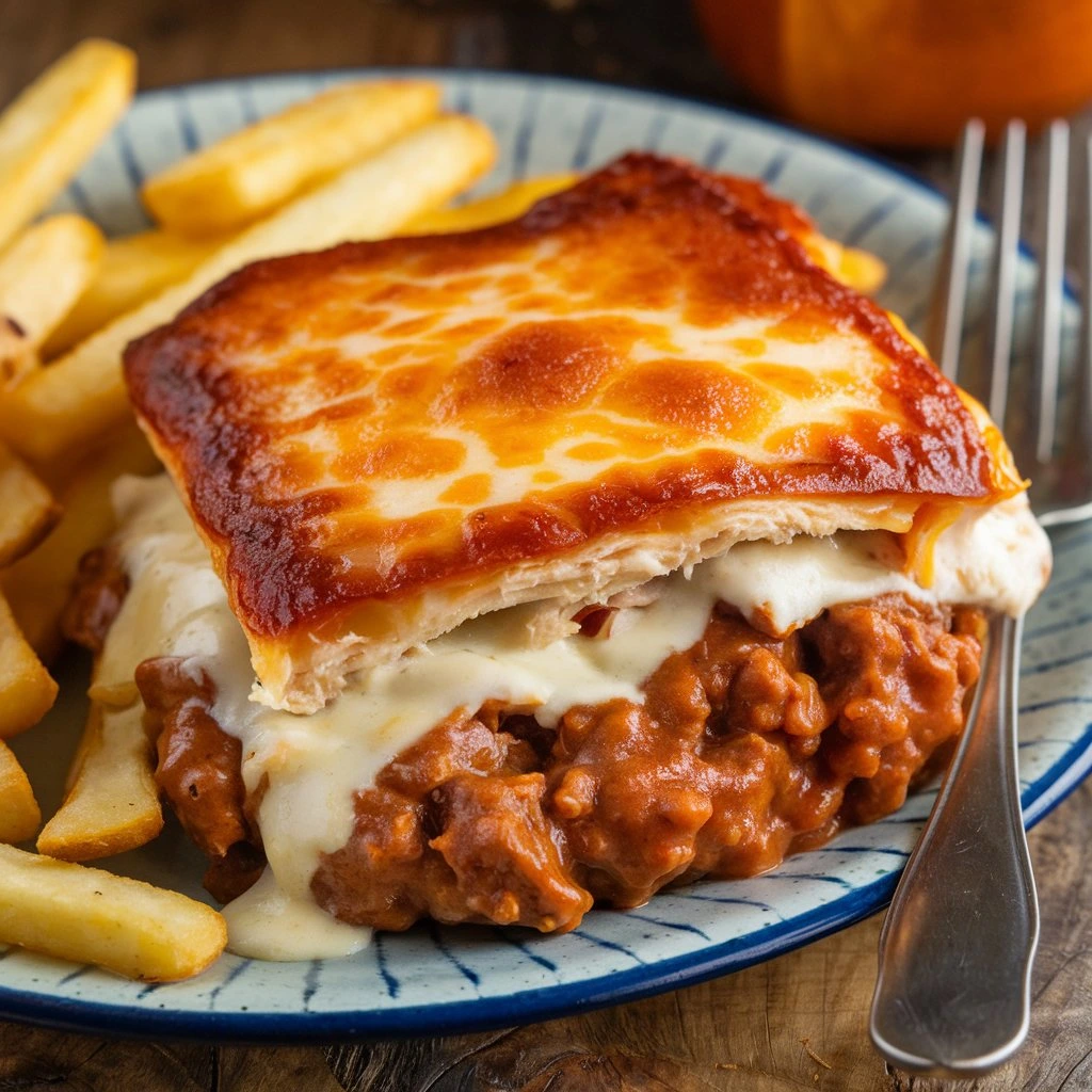 A plate of cheesy chicken sloppy joe topped with melted cheese and served with golden fries on the side.