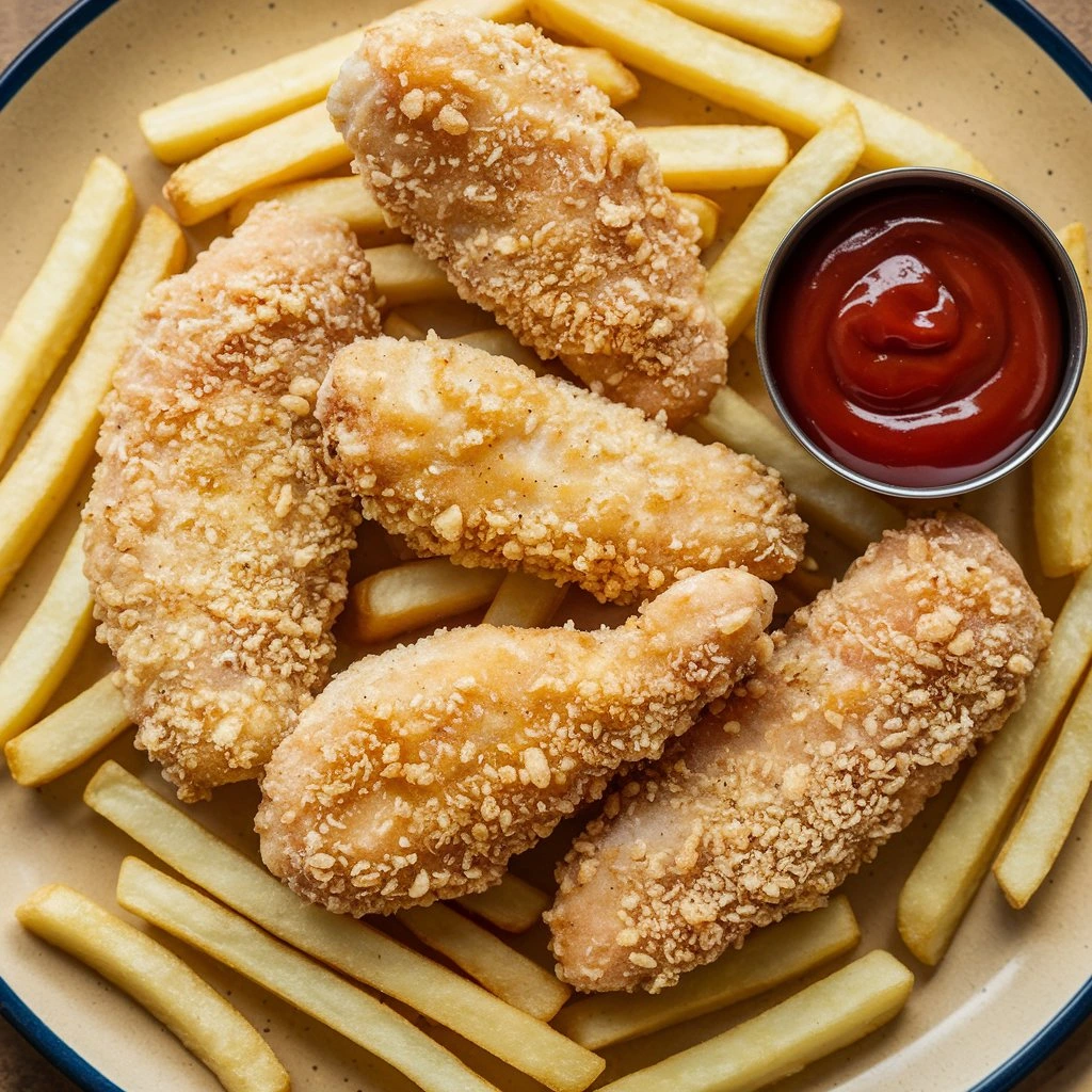 Golden crispy chicken tenders and fries served on a wooden platter with a side of dipping sauce, garnished with parsley and lemon wedges.