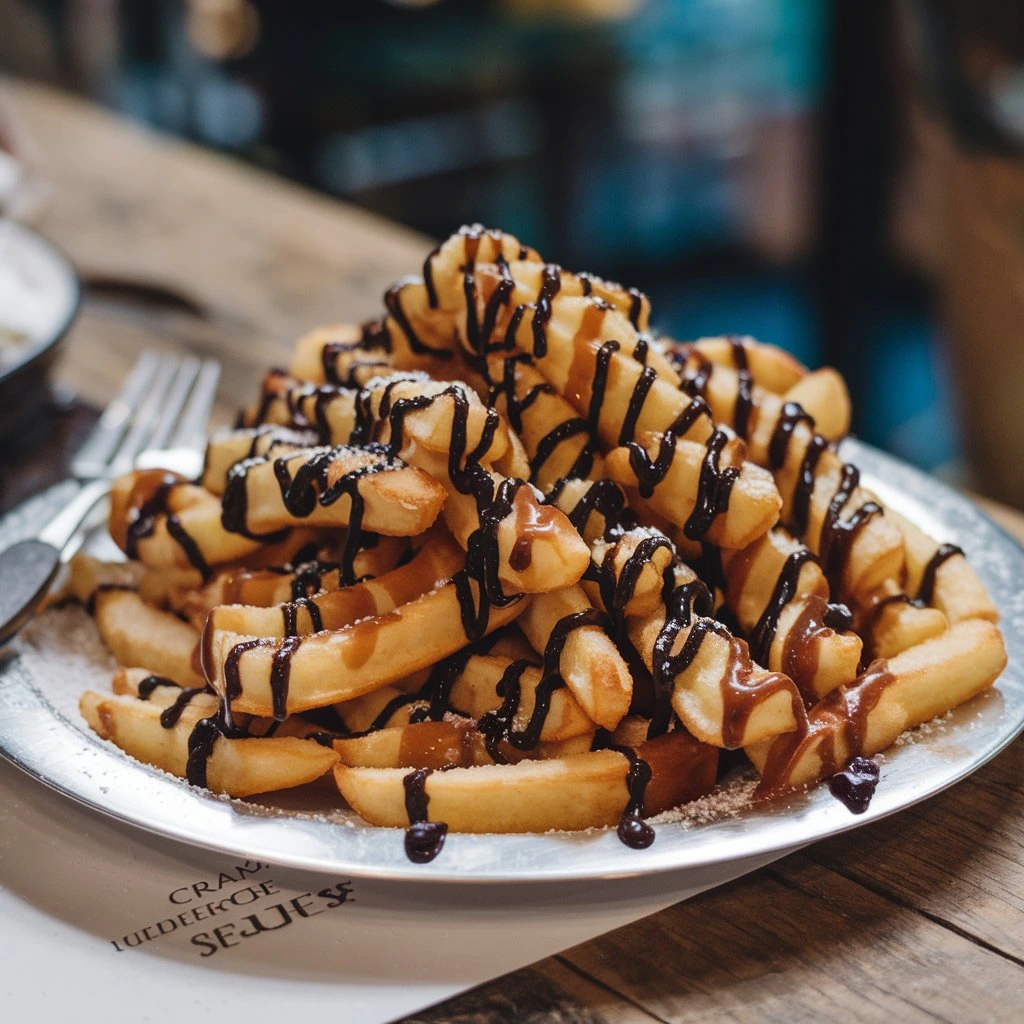 A plate of golden funnel cake fries drizzled with chocolate and caramel sauce, sprinkled with powdered sugar, served on a silver platter.