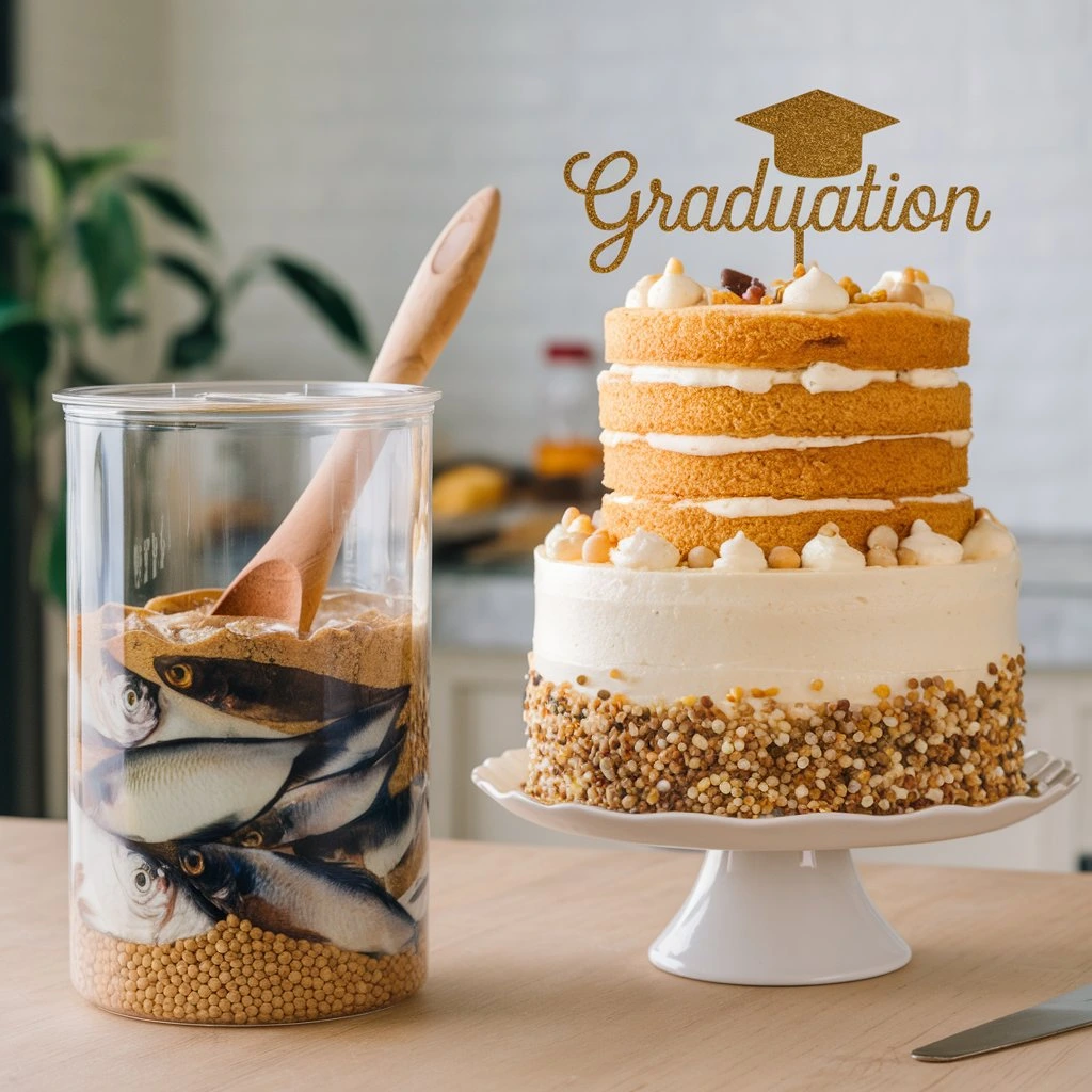 A beautifully designed graduation cake featuring a black cap with a tassel, surrounded by smaller cakes displaying motivational phrases, perfect for celebrating graduates in style.