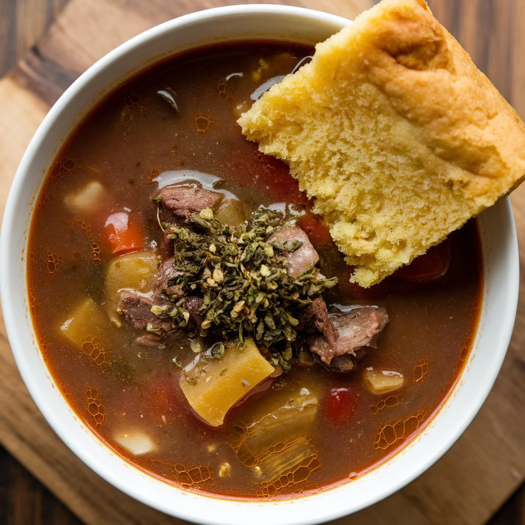 A bowl of Bear Creek soup with chunks of beef, vegetables, and a garnish of herbs, served alongside a piece of cornbread on a wooden surface.