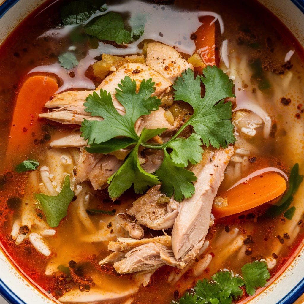 Chopt spicy chicken soup with rice, a flavorful and hearty dish perfect for warming up.