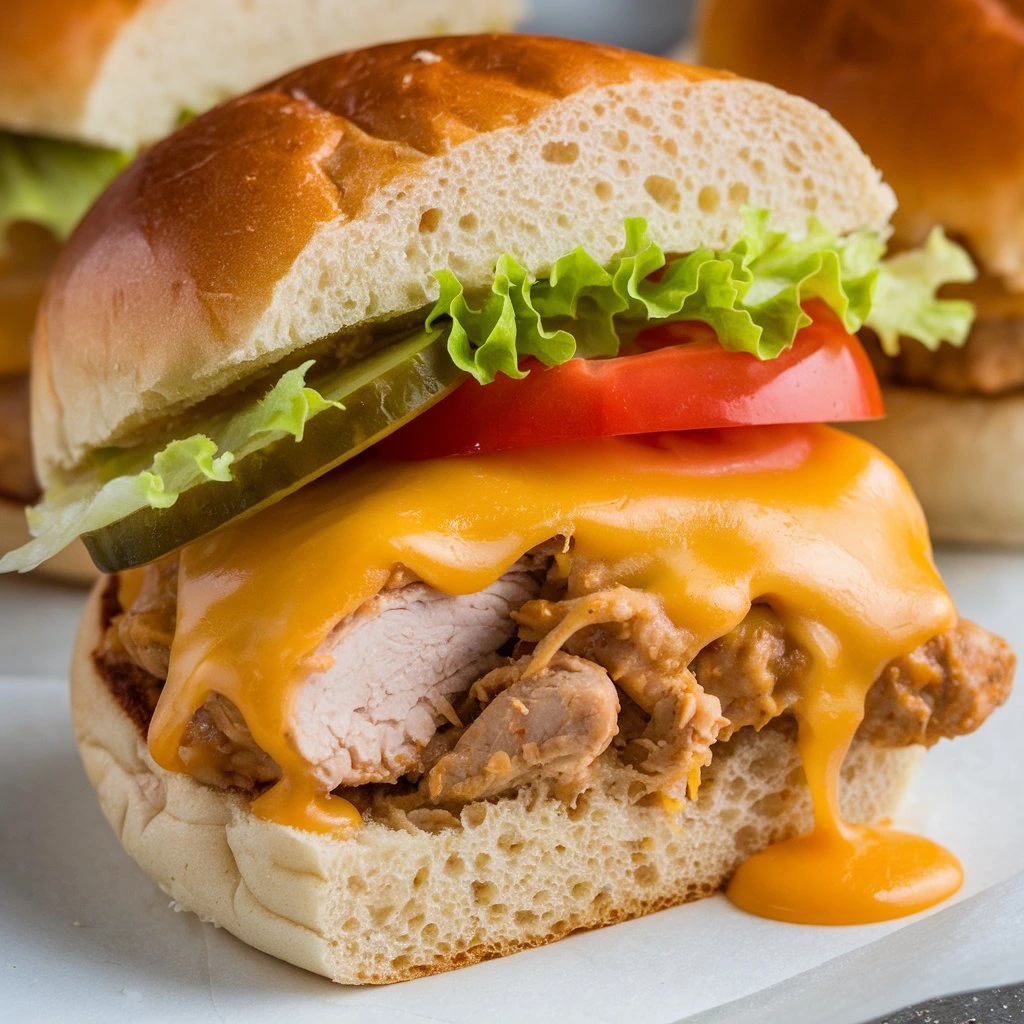 A close-up of a cheesy chicken sloppy joe sandwich with layers of melted cheddar cheese, sliced tomato, crisp lettuce, and pickle slices on a soft bun. The sandwich features juicy chicken and a fluffy interior bun.