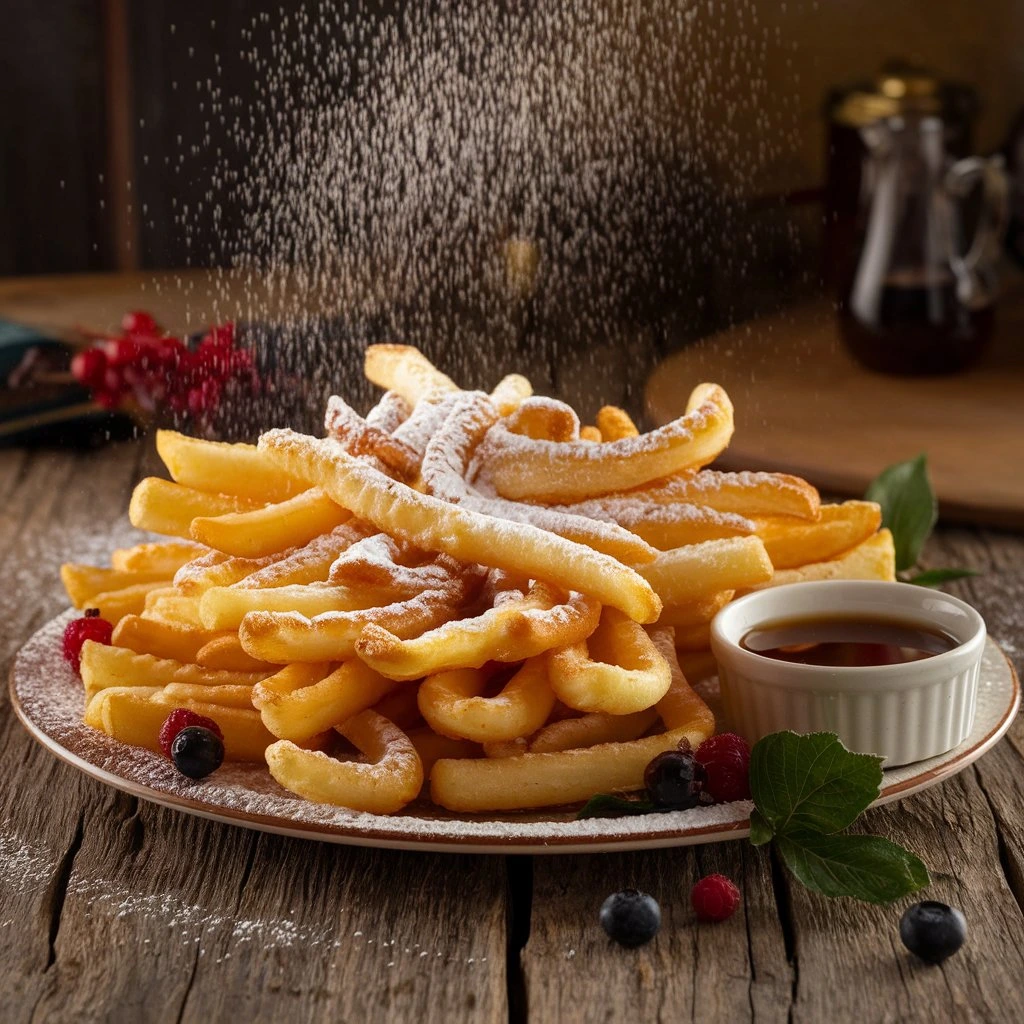 This delectable dessert features crispy funnel cake fries coated in powdered sugar and generously drizzled with rich chocolate and caramel sauce. A delightful treat for those with a sweet tooth, served fresh on a silver platter. Perfect for sharing or enjoying solo!






