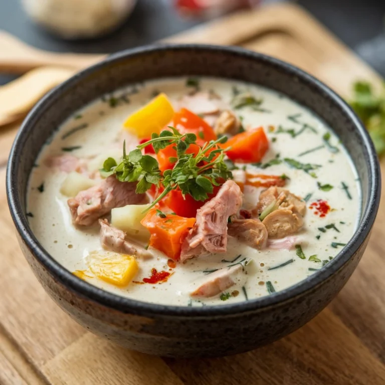 A bowl of Bear Creek soup with chunks of beef, vegetables, and a garnish of herbs, served alongside a piece of cornbread on a wooden surface.