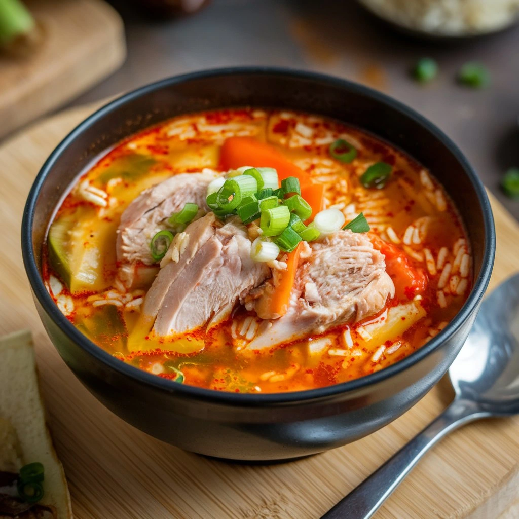 Chopt spicy chicken soup with rice, a flavorful and hearty dish perfect for warming up