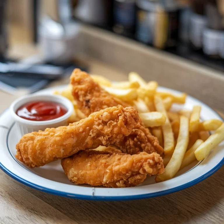 Golden crispy chicken tenders and fries served on a wooden platter with a side of dipping sauce, garnished with parsley and lemon wedges.