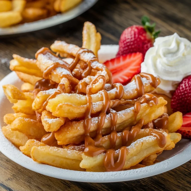 A plate of crispy funnel cake fries drizzled with caramel sauce, dusted with powdered sugar, and served with fresh strawberries and whipped cream on the side.