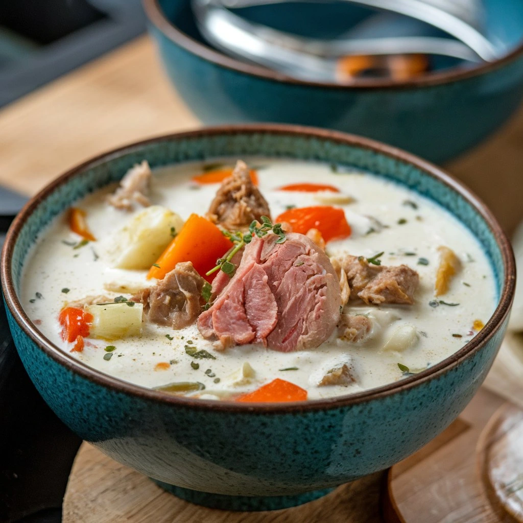 A close-up image of a bowl of creamy Bear Creek soup, garnished with herbs and featuring tender chunks of meat, carrots, and potatoes in a blue ceramic bowl.