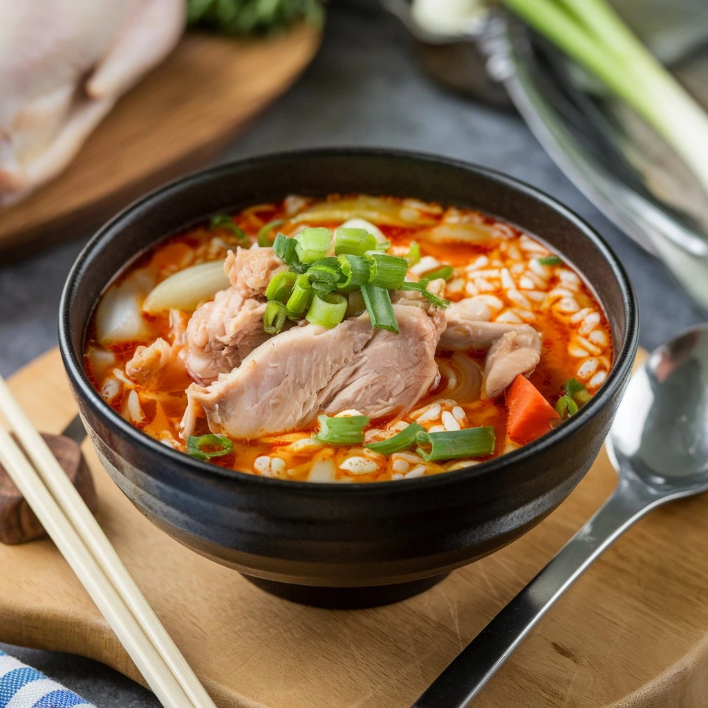 Chopt spicy chicken soup with rice, a flavorful and hearty dish perfect for warming up.