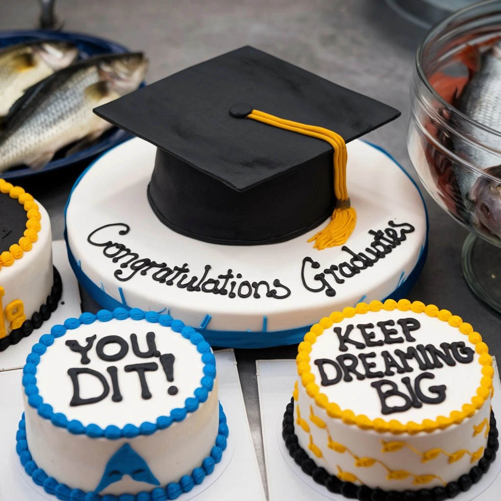 A graduation-themed cake with a black graduation cap on top, surrounded by smaller cakes with messages like 'You Did It!' and 'Keep Dreaming Big,' displayed on a table.