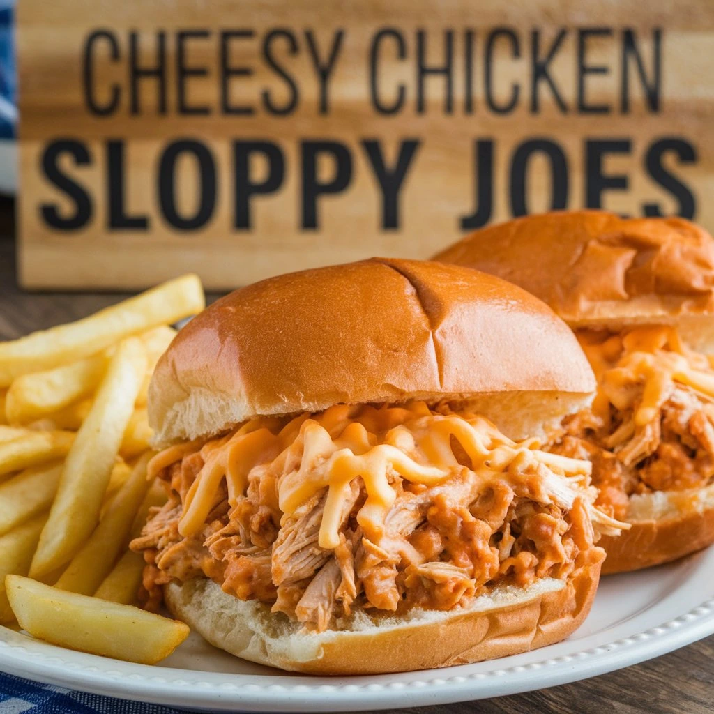 A close-up of two cheesy chicken sloppy joe sandwiches served on a white plate with a side of golden French fries. The sandwiches are topped with melted cheese and shredded chicken on soft buns.