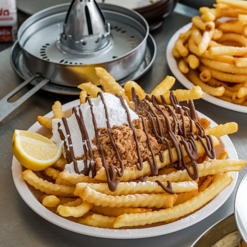 Freshly made funnel cake fries served with powdered sugar and chocolate syrup