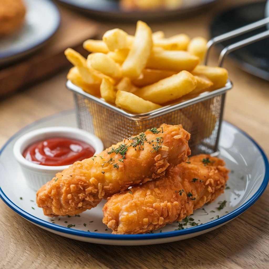 Delicious chicken tenders and crispy fries served on a wooden platter with dipping sauces.