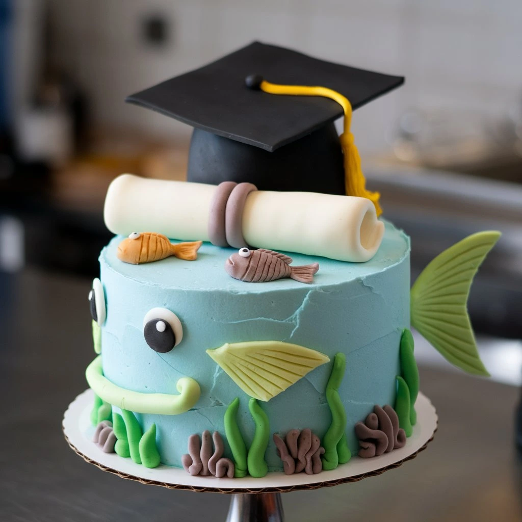 A creative graduation cake with an underwater theme, featuring a blue fish design, edible seaweed decorations, a graduation cap, and a diploma on top.