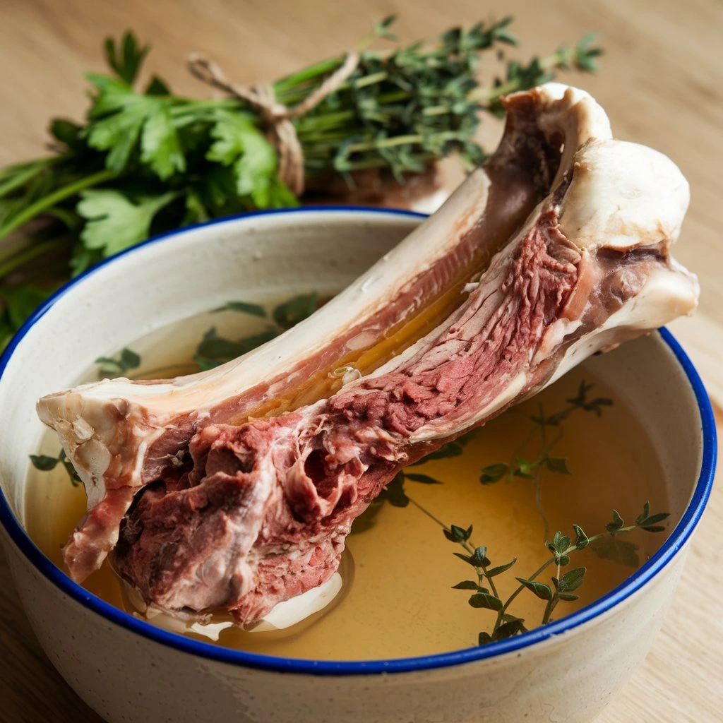 A close-up view of a soup bone with raw meat in a bowl of broth, garnished with fresh herbs like thyme and parsley in the background.