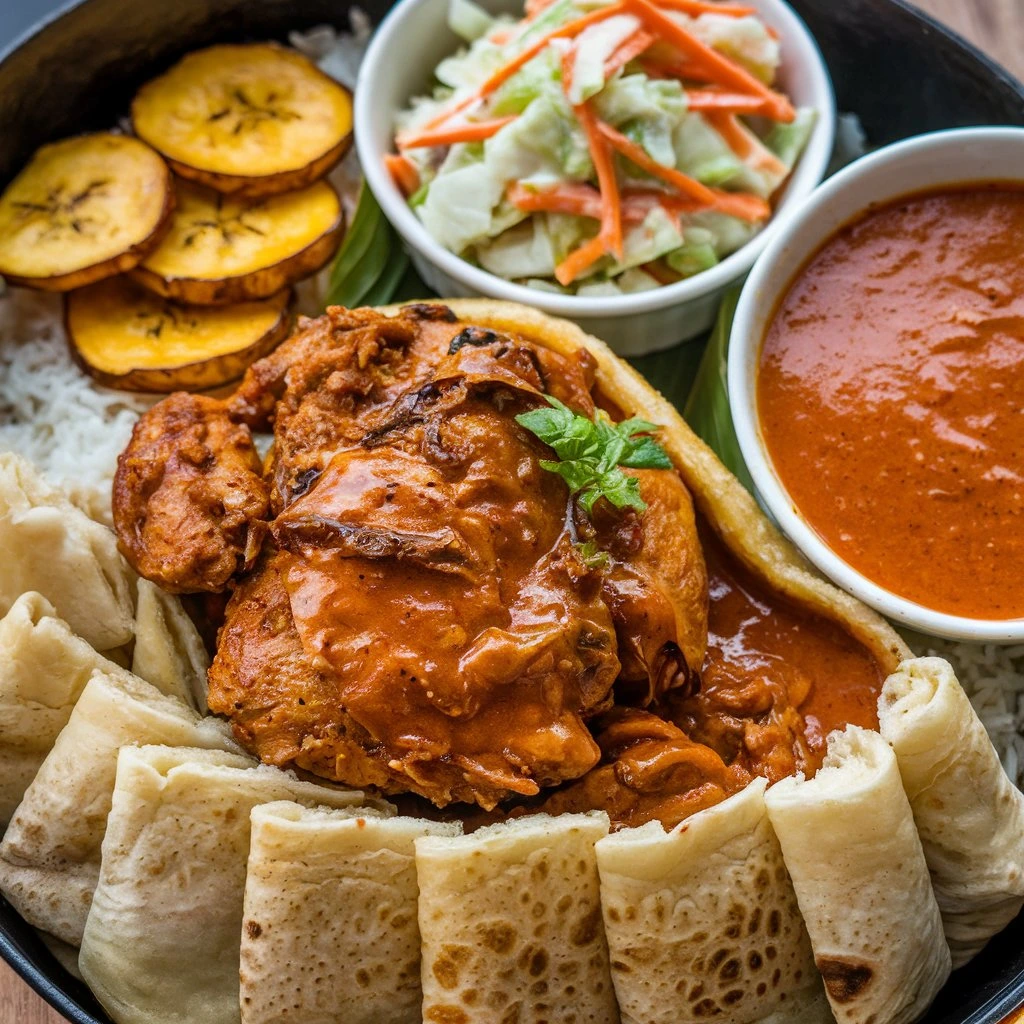 A close-up of a traditional Guyanese pepperpot stew, featuring tender meat and a rich, dark sauce made with cassareep.