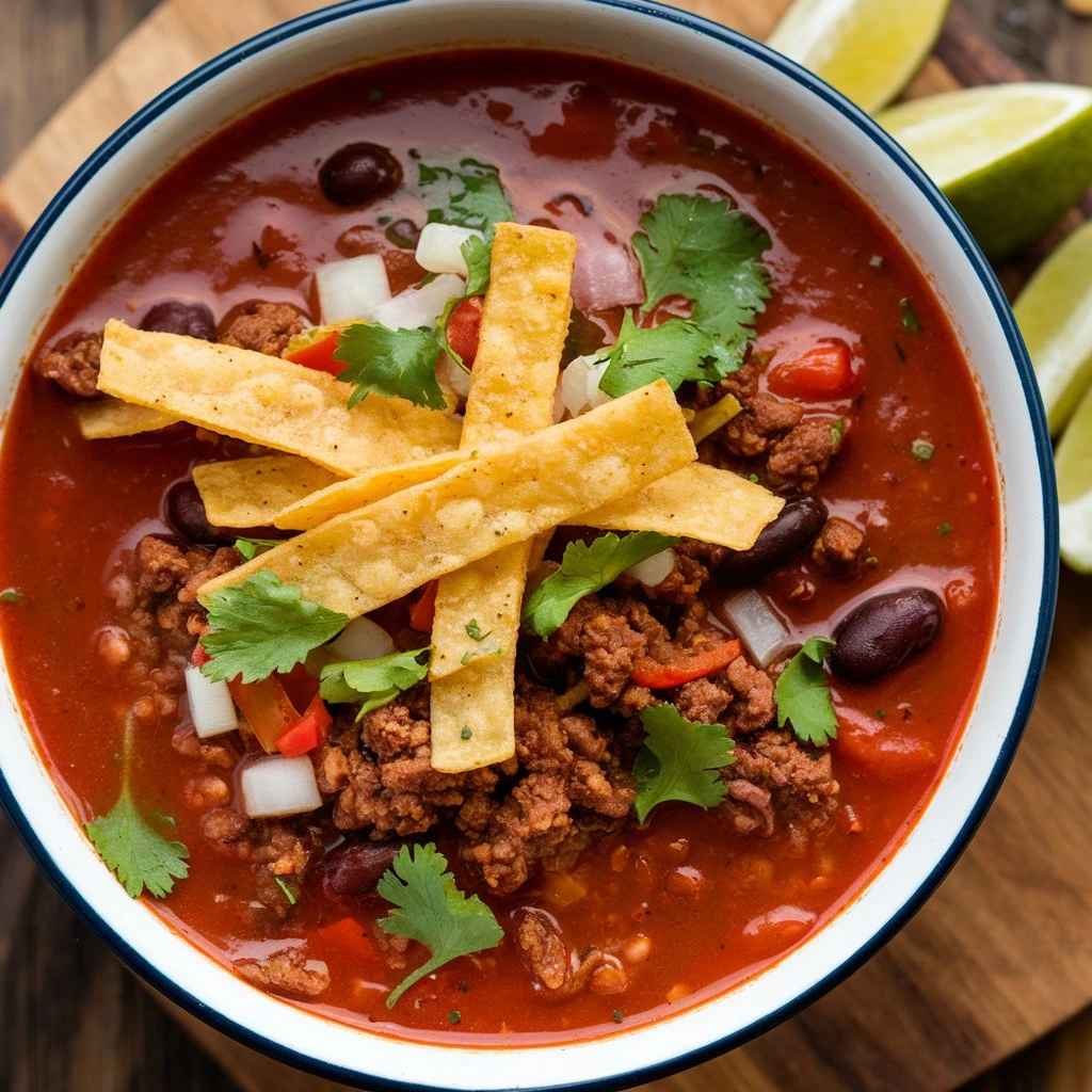 A bowl of taco soup topped with crispy tortilla strips, ground meat, beans, fresh cilantro, and diced vegetables.