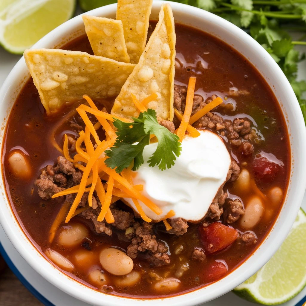  A bowl of taco soup topped with shredded cheddar cheese, sour cream, crispy tortilla chips, and a sprig of fresh cilantro.