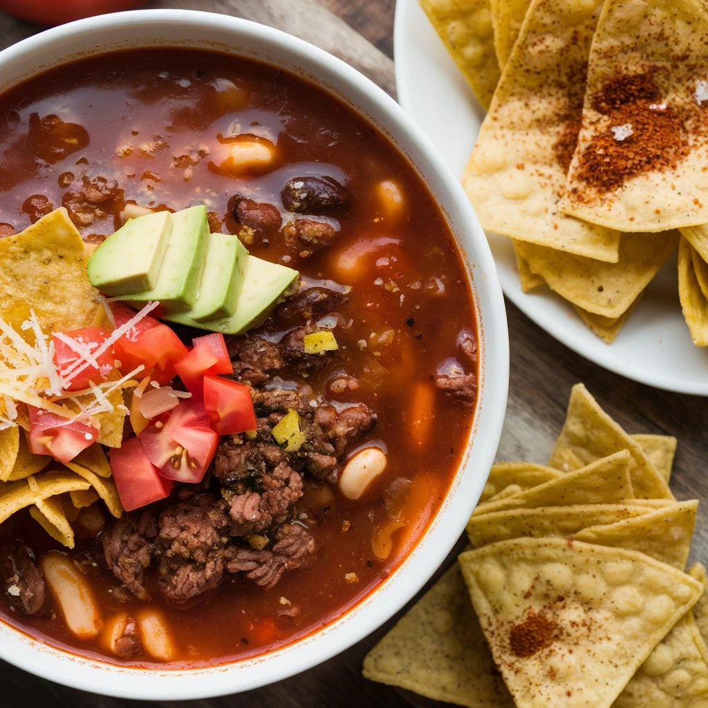 A bowl of taco soup topped with diced tomatoes, avocado slices, shredded cheese, and tortilla chips, served alongside a plate of seasoned chips.