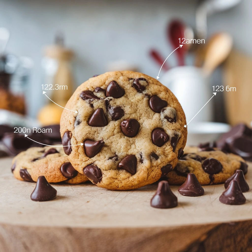 Freshly baked Disney-inspired chocolate chip cookies on a plate with a glass of milk, measured in metric units.