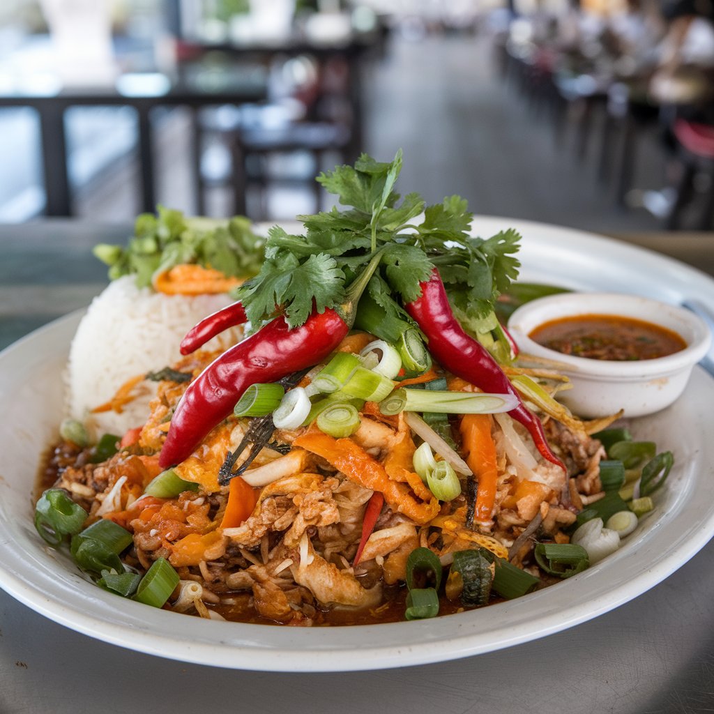 A spicy food dish garnished with herbs and spices, served on a white plate