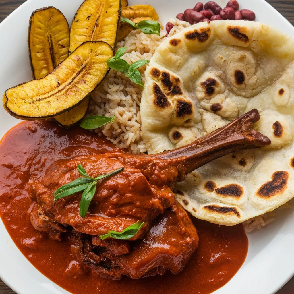 A vibrant plate of Guyanese curry with rice, showcasing the colorful and flavorful elements of Guyana’s cuisine.