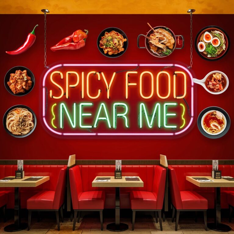 A cozy spicy food restaurant with a glowing neon sign in warm colors