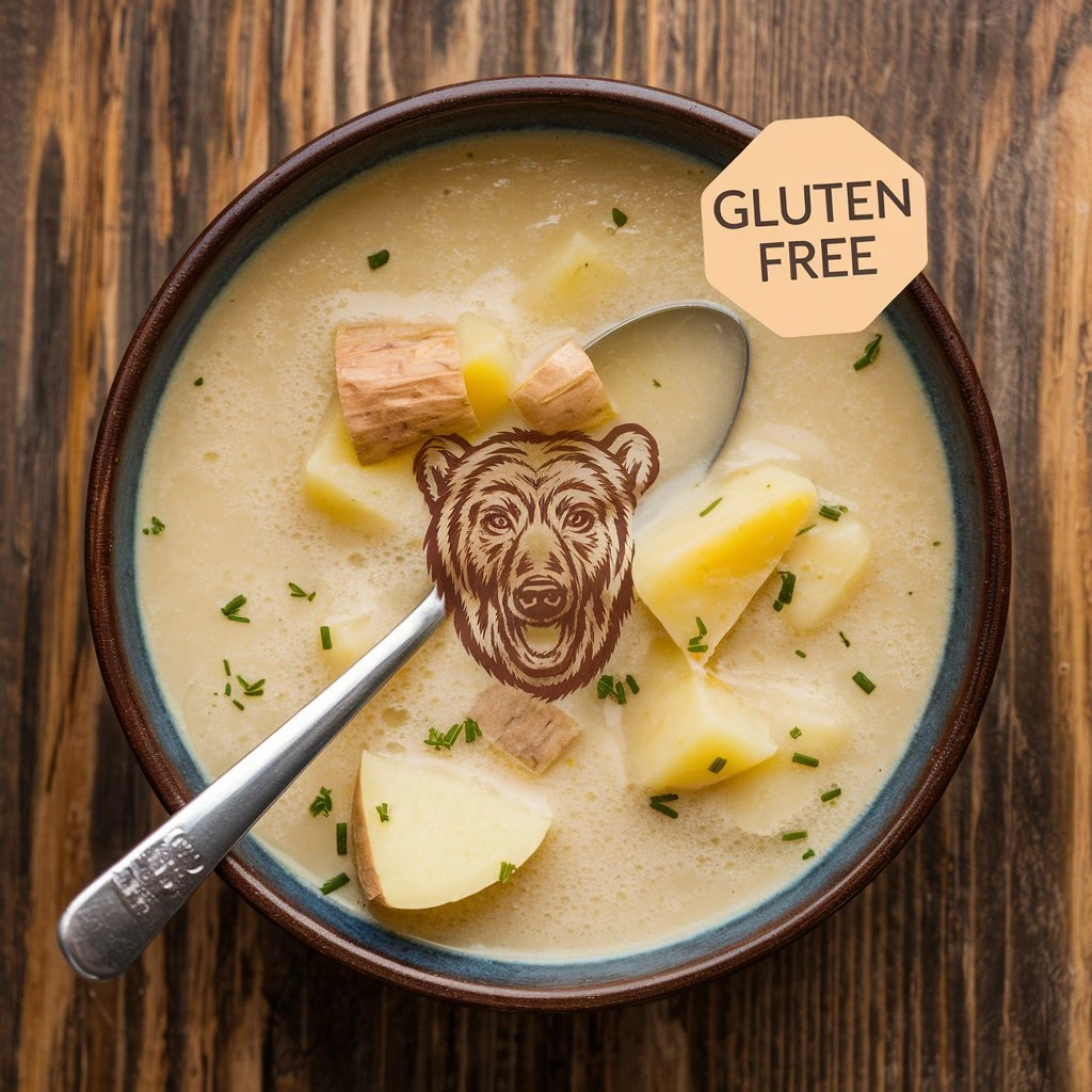 A bowl of Bear Creek Potato Soup garnished with fresh herbs and potatoes, labeled gluten-free.