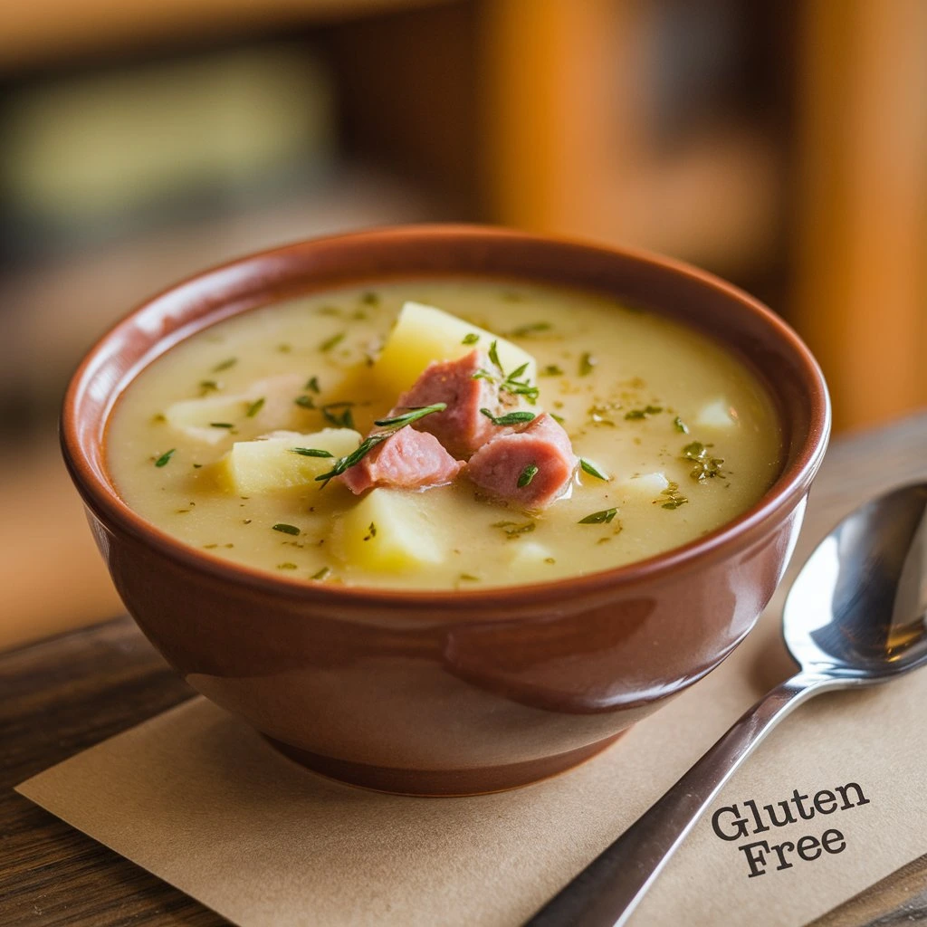 A brown bowl of gluten-free ham and potato soup garnished with fresh herbs, served with a spoon on the side