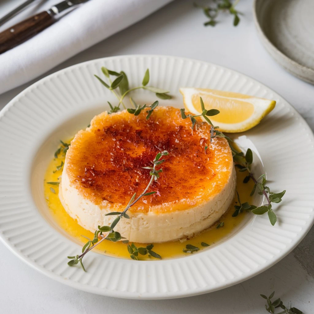 A delectable Crab Brûlée featuring a golden caramelized crust, served on a white plate with a lemon wedge and a sprig of fresh dill for garnish.