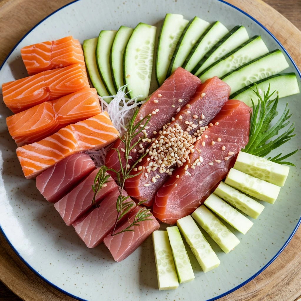 A beautifully arranged plate of sashimi featuring slices of salmon, tuna, and fresh cucumber, garnished with sesame seeds and herbs, perfect for a fish food recipe.