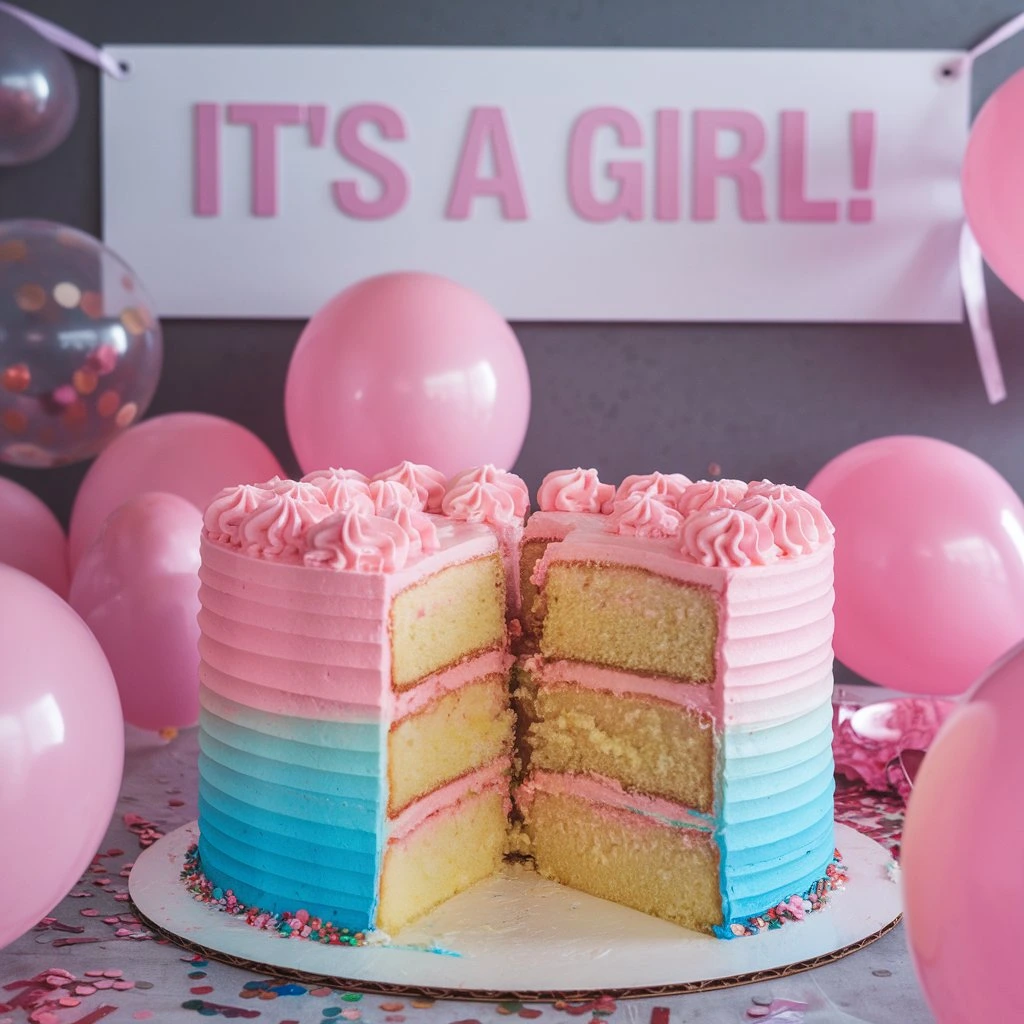 A vibrant baby shower cake with pink and blue icing and a confetti explosion, surrounded by a cheerful crowd celebrating outdoors