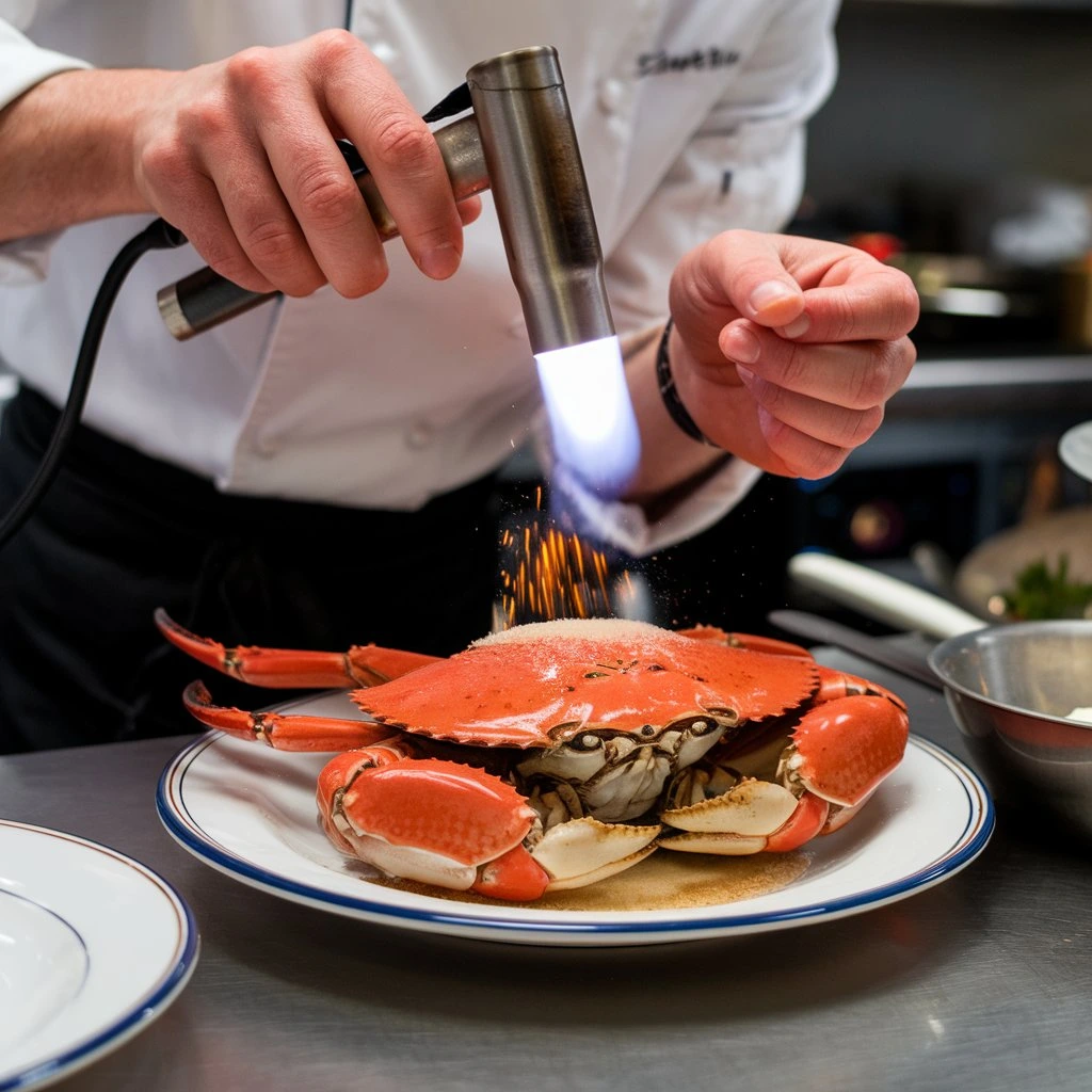 Close-up of a golden, caramelized Crab Brûlée topped with a decorative crab claw, served in a white ramekin on a blue-patterned plate.