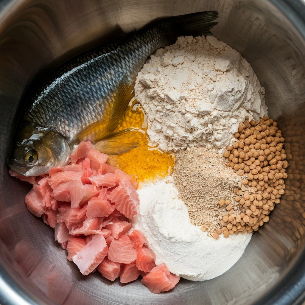 A variety of ingredients including fresh fish, chopped fillets, flour, and seasonings arranged in a metal bowl, ready for a fish food recipe.