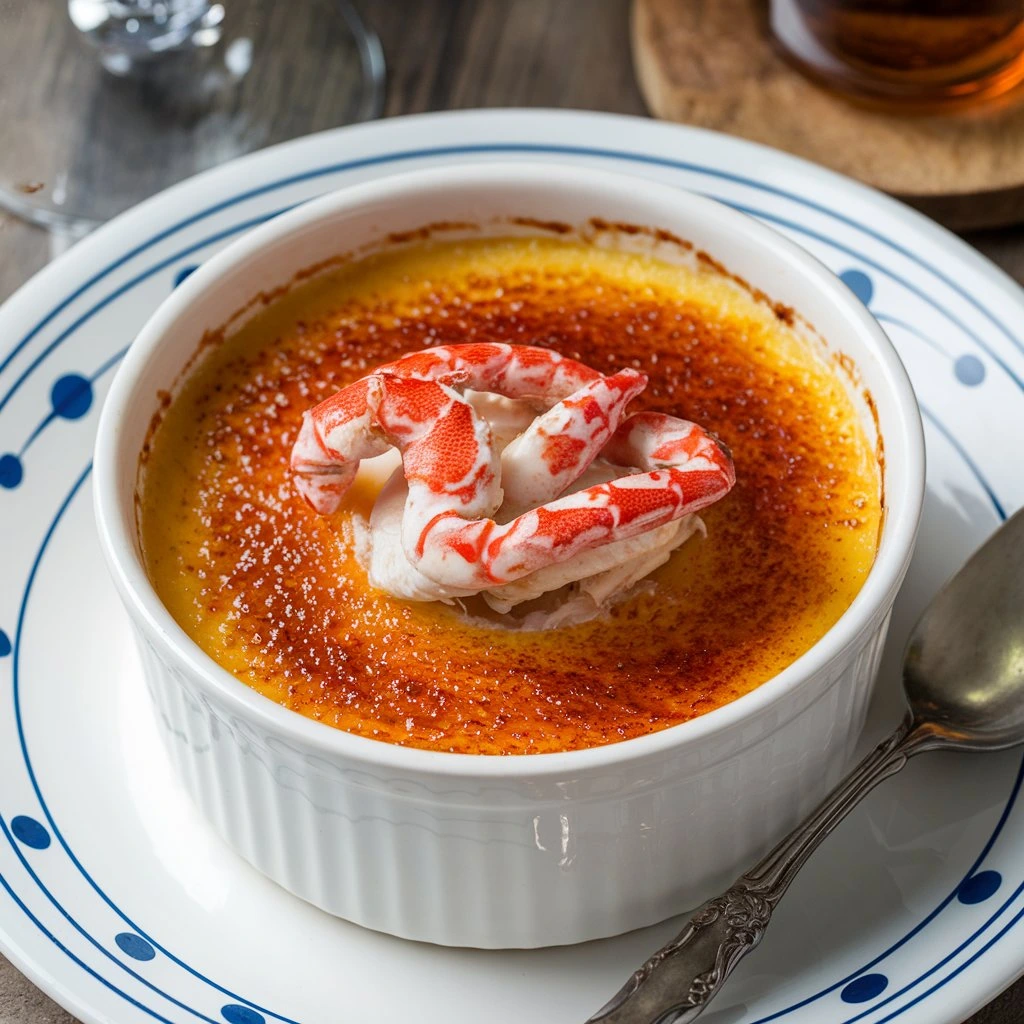 A delectable Crab Brûlée featuring a golden caramelized crust, served on a white plate with a lemon wedge and a sprig of fresh dill for garnish.