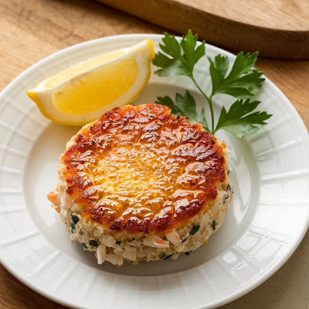  A delectable Crab Brûlée featuring a golden caramelized crust, served on a white plate with a lemon wedge and a sprig of fresh dill for garnish.