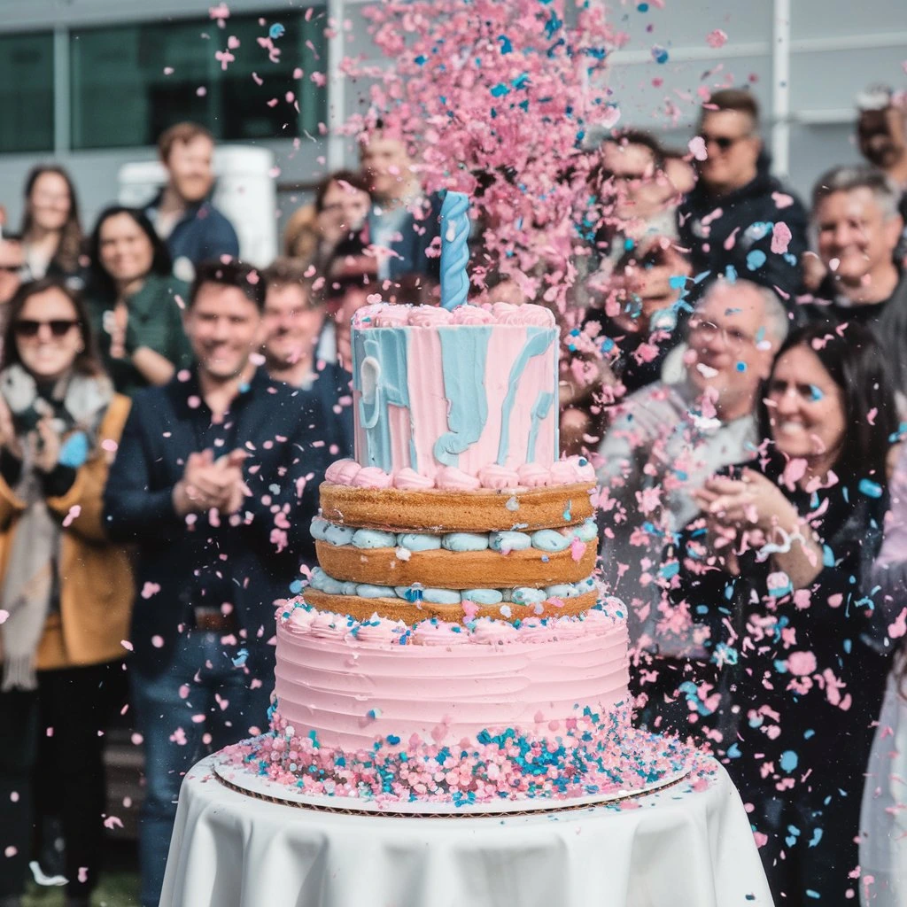 A vibrant baby shower cake with pink and blue icing and a confetti explosion, surrounded by a cheerful crowd celebrating outdoors