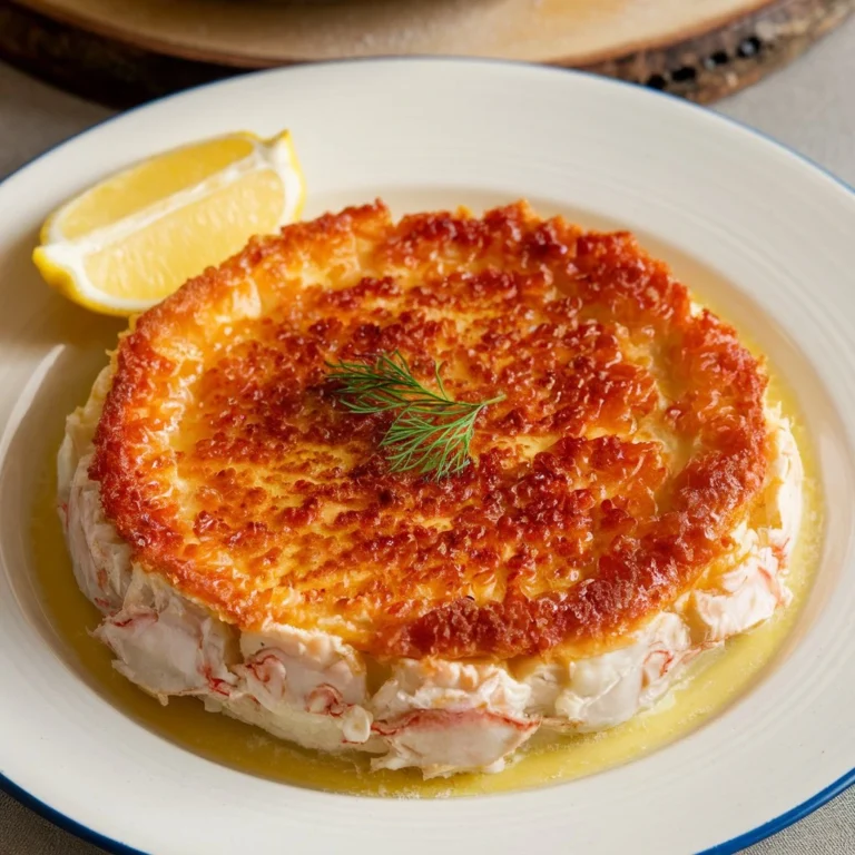 A delectable Crab Brûlée featuring a golden caramelized crust, served on a white plate with a lemon wedge and a sprig of fresh dill for garnish.