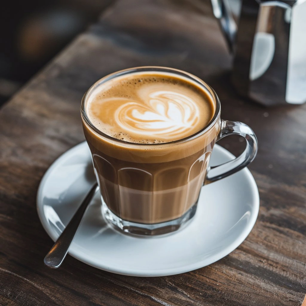 A glass of latte with a heart-shaped latte art, served on a white saucer with a spoon.