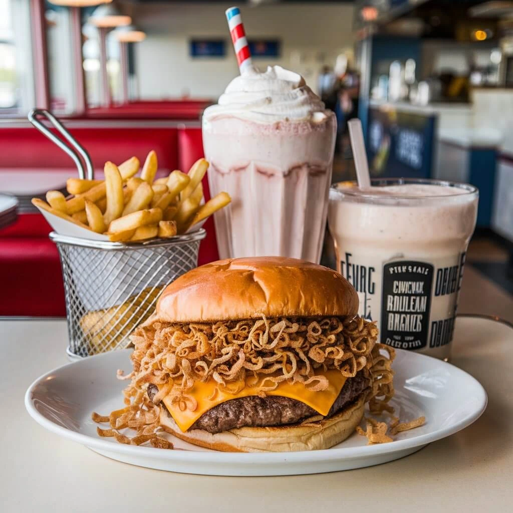 A large burger topped with crispy fried onions, served with a side of fries and two milkshakes.