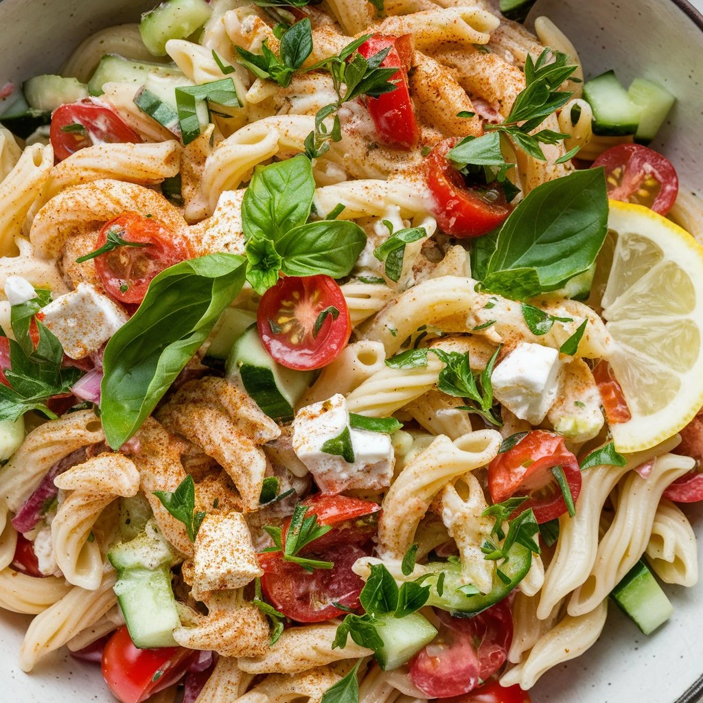 A vibrant bowl of Mediterranean pasta salad with creamy dressing, penne pasta, cherry tomatoes, cucumbers, feta cheese, fresh herbs, and lemon slices.