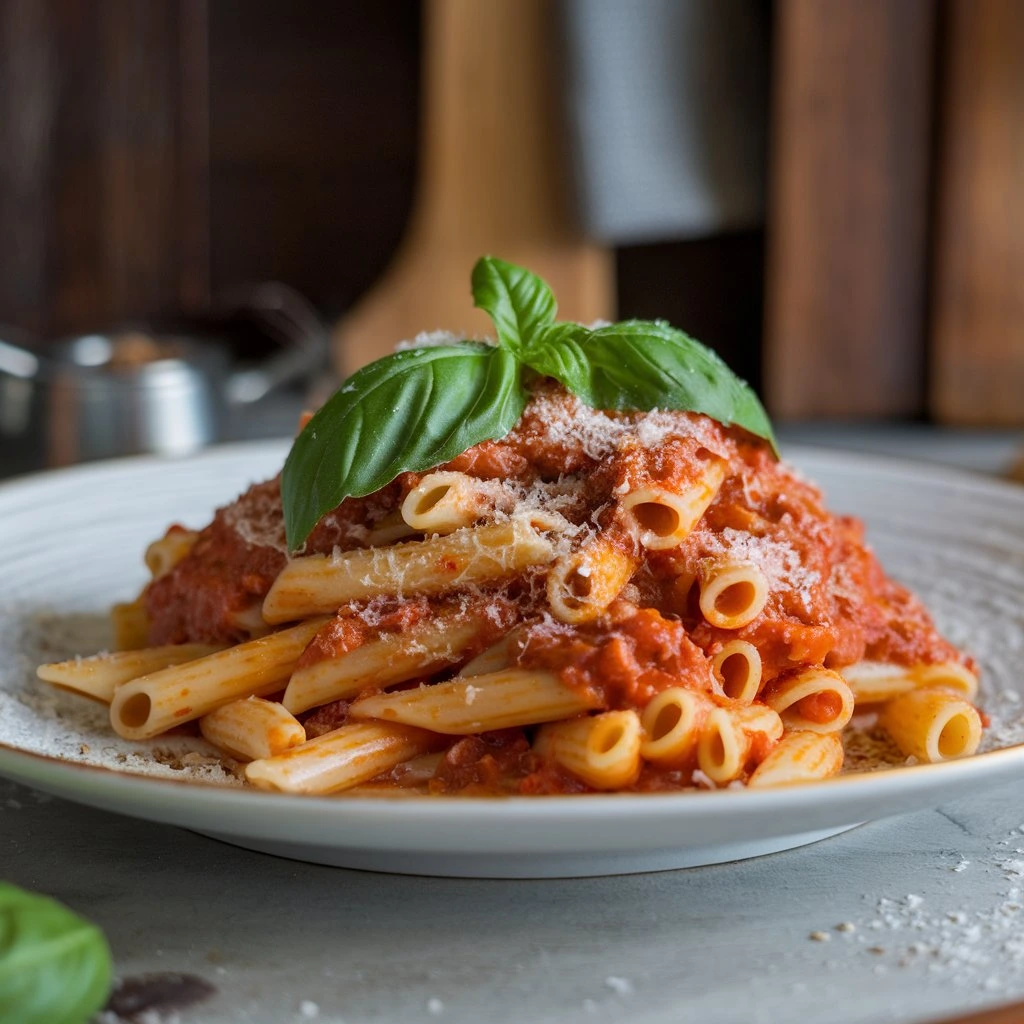 A plate of creamy penne rasta pasta topped with rich tomato sauce and garnished with fresh basil leaves.