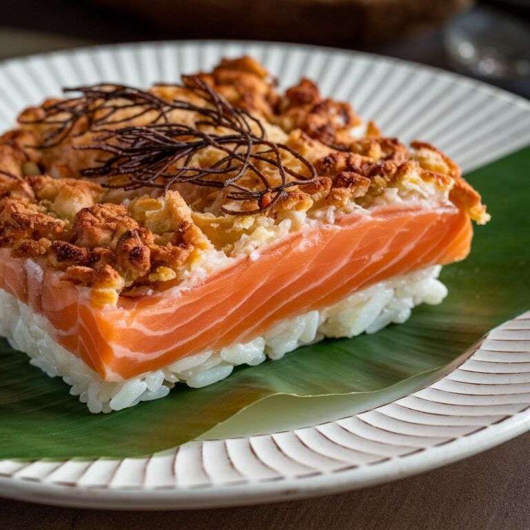 A layered salmon sushi bake topped with a crispy crust, served on a green leaf on a decorative plate.