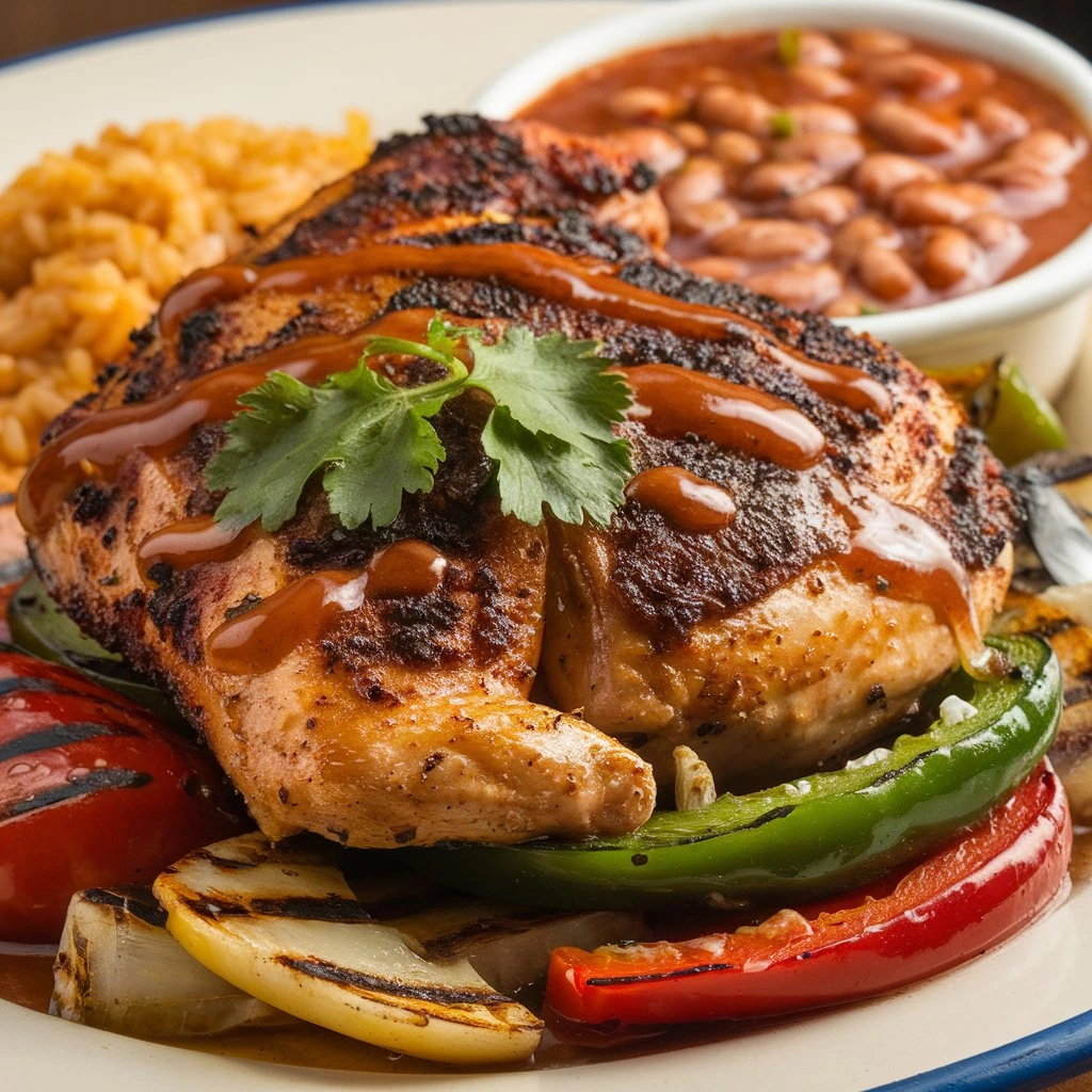 A San Antonio-style grilled chicken dish with grilled vegetables, rice, and pinto beans.