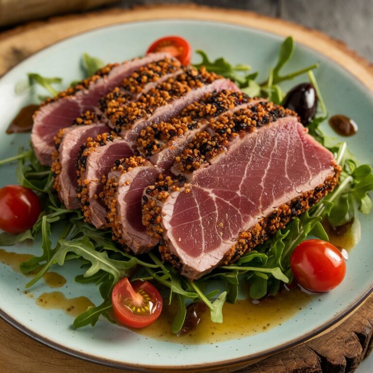 Sliced seared ahi tuna topped with sesame seeds, served on a white plate with a side of soy sauce and garnished with fresh greens.