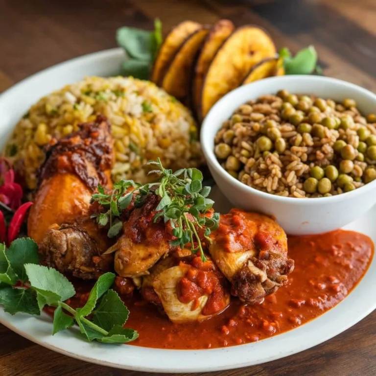 A plate of Guyanese food with spiced chicken in tomato sauce, fried plantains, peas and rice, and green peas on the side.