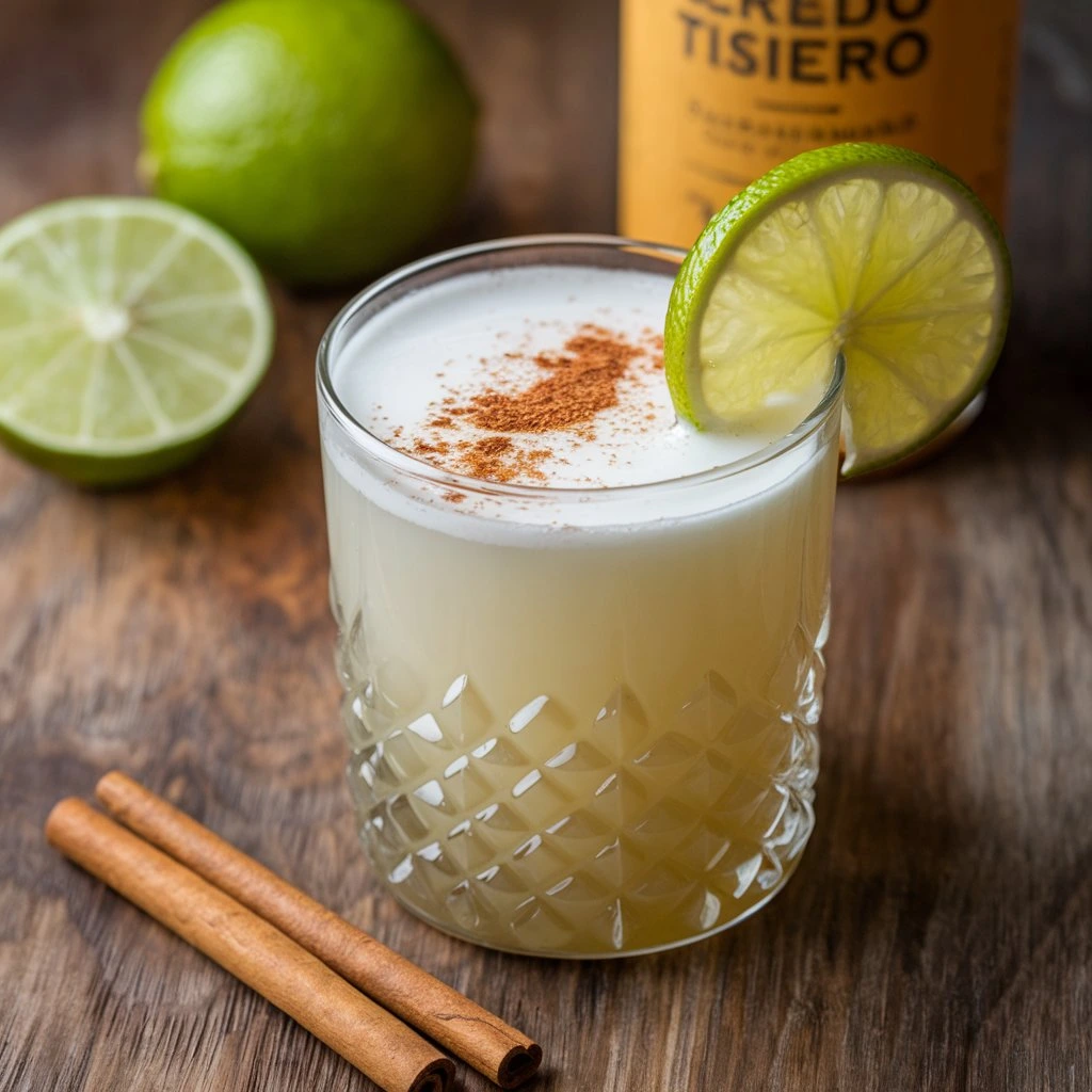 A glass of Leche de Tigre garnished with a lime wheel and sprinkled with cinnamon, with a bottle and fresh limes in the background.