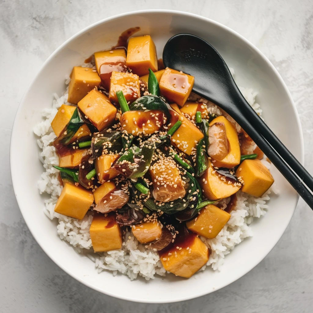 A vegan Chinese dish with diced kabocha squash, green vegetables, and sesame seeds served over white rice."